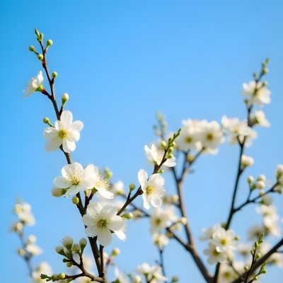 White Cherry Blossoms On A Branch Against A Clear Blue Sky 9 5189