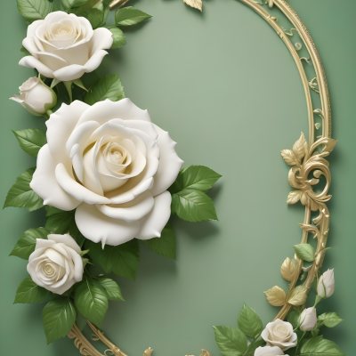White Roses With Green Leaves In An Ornate Golden Frame On A Green Background 50 5a70