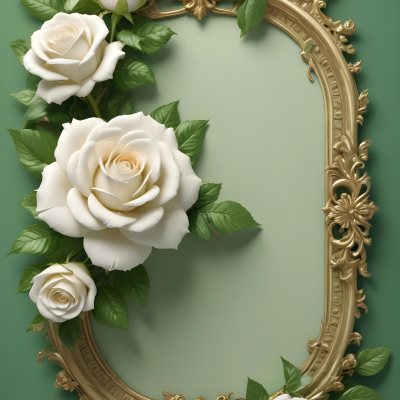White Roses With Green Leaves In An Ornate Golden Frame On A Green Background 55 545b