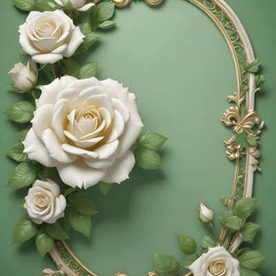 White Roses With Green Leaves In An Ornate Golden Frame On A Green Background 57 4892