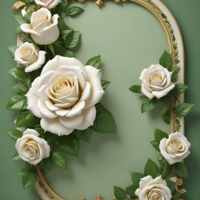 White Roses With Green Leaves In An Ornate Golden Frame On A Green Background 58 2387