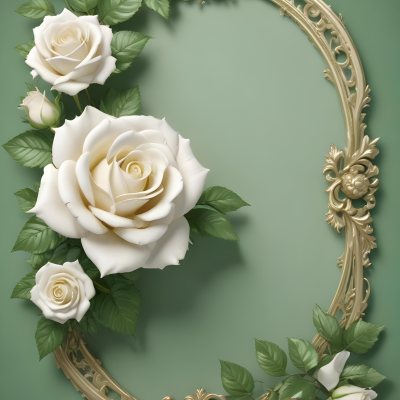 White Roses With Green Leaves In An Ornate Golden Frame On A Green Background 64 C553