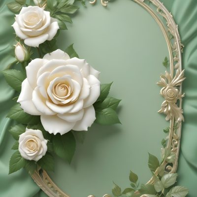 White Roses With Green Leaves In An Ornate Golden Frame On A Green Background 74 E376
