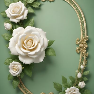 White Roses With Green Leaves In An Ornate Golden Frame On A Green Background 78 16db