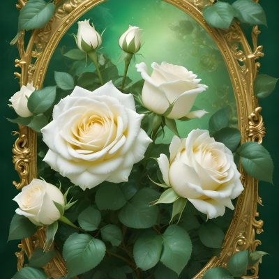 White Roses With Green Leaves In An Ornate Golden Frame On A Green Background 83 8269