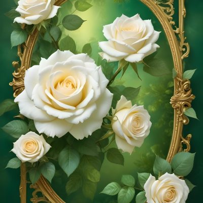 White Roses With Green Leaves In An Ornate Golden Frame On A Green Background 84 0eb2