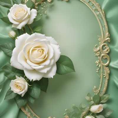 White Roses With Green Leaves In An Ornate Golden Frame On A Green Background 92 022c