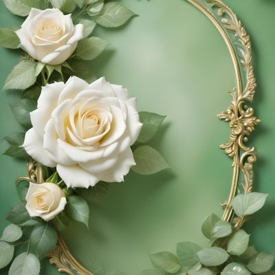 White Roses With Green Leaves In An Ornate Golden Frame On A Green Background 94 D5ba
