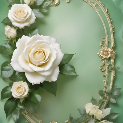 White Roses With Green Leaves In An Ornate Golden Frame On A Green Background 97 71b3
