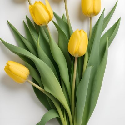 Yellow Tulips With Green Stems And Leaves Against 34 3415