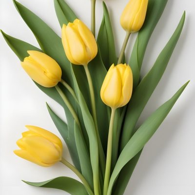 Yellow Tulips With Green Stems And Leaves Against 44 D04c