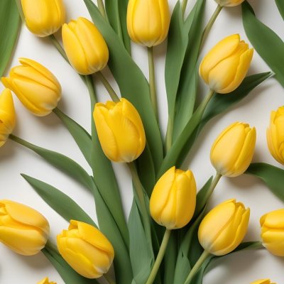 Yellow Tulips With Green Stems And Leaves Against 46 Dd25