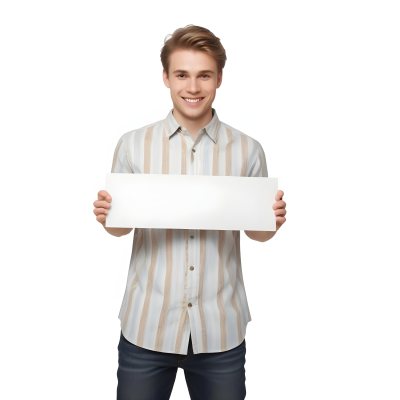 Young Caucasian Male Approximately 25 Years Old With Light Brown Hair Wearing A Striped Button Up Shirt And Dark Jeans Smiling While Holding A Blank White Sign In Front Of Him Against A Plain White Background 10 6d54