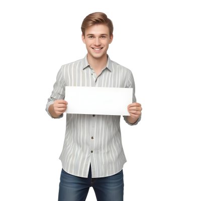 Young Caucasian Male Approximately 25 Years Old With Light Brown Hair Wearing A Striped Button Up Shirt And Dark Jeans Smiling While Holding A Blank White Sign In Front Of Him Against A Plain White Background 11 3872