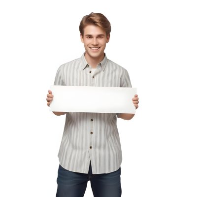Young Caucasian Male Approximately 25 Years Old With Light Brown Hair Wearing A Striped Button Up Shirt And Dark Jeans Smiling While Holding A Blank White Sign In Front Of Him Against A Plain White Background 12 1216