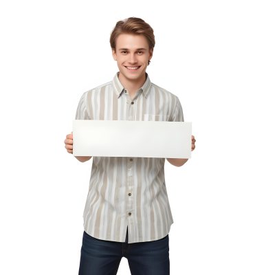 Young Caucasian Male Approximately 25 Years Old With Light Brown Hair Wearing A Striped Button Up Shirt And Dark Jeans Smiling While Holding A Blank White Sign In Front Of Him Against A Plain White Background 13 677f