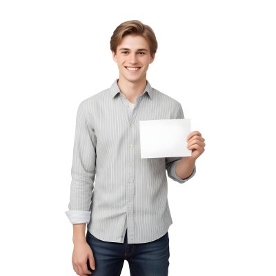Young Caucasian Male Approximately 25 Years Old With Light Brown Hair Wearing A Striped Button Up Shirt And Dark Jeans Smiling While Holding A Blank White Sign In Front Of Him Against A Plain White Background 14 Cce6