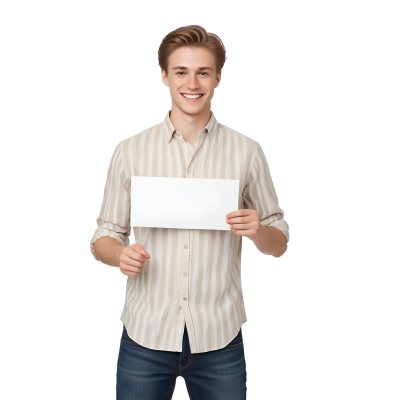 Young Caucasian Male Approximately 25 Years Old With Light Brown Hair Wearing A Striped Button Up Shirt And Dark Jeans Smiling While Holding A Blank White Sign In Front Of Him Against A Plain White Background 15 4e2f
