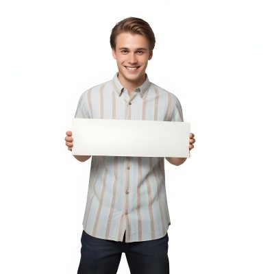 Young Caucasian Male Approximately 25 Years Old With Light Brown Hair Wearing A Striped Button Up Shirt And Dark Jeans Smiling While Holding A Blank White Sign In Front Of Him Against A Plain White Background 3 Edf9