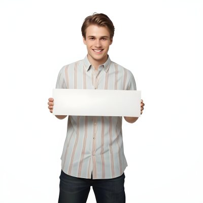 Young Caucasian Male Approximately 25 Years Old With Light Brown Hair Wearing A Striped Button Up Shirt And Dark Jeans Smiling While Holding A Blank White Sign In Front Of Him Against A Plain White Background 4 1656