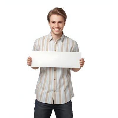 Young Caucasian Male Approximately 25 Years Old With Light Brown Hair Wearing A Striped Button Up Shirt And Dark Jeans Smiling While Holding A Blank White Sign In Front Of Him Against A Plain White Background 9 D37f