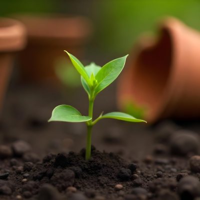 Young Green Plants Sprouting From Soil With A Broken Terracotta Pot In The Background 4 Ddf9