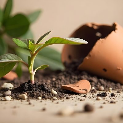 Young Green Plants Sprouting From Soil With A Broken Terracotta Pot In The Background 7 E098