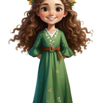3d Model A Young Girl With Long Curly Brown Hair Adorned With A Floral Crown She Has Large Expressive Brown Eyes And A Cheerful Smile She Is Wearing A Long Green Dress With A White Belt And Floral Patterns Along The 40 6a24