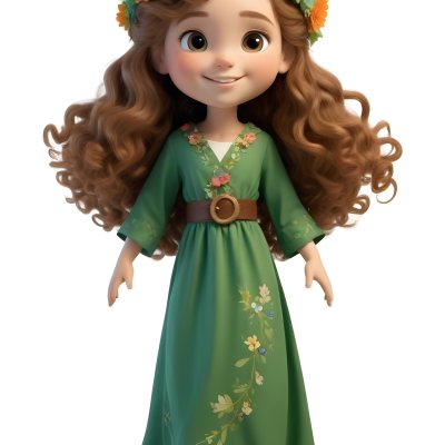3d Model A Young Girl With Long Curly Brown Hair Adorned With A Floral Crown She Has Large Expressive Brown Eyes And A Cheerful Smile She Is Wearing A Long Green Dress With A White Belt And Floral Patterns Along The 50 B14f
