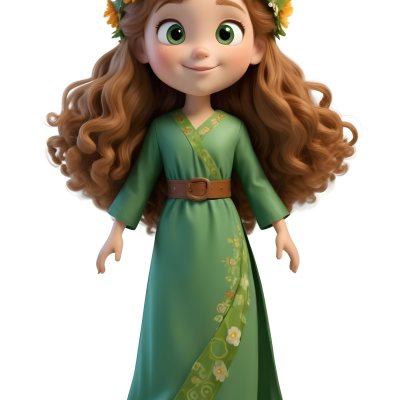 3d Model A Young Girl With Long Curly Brown Hair Adorned With A Floral Crown She Has Large Expressive Brown Eyes And A Cheerful Smile She Is Wearing A Long Green Dress With A White Belt And Floral Patterns Along The 53 Ba6b