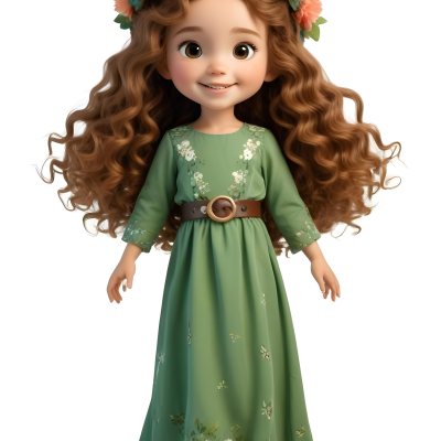 3d Model A Young Girl With Long Curly Brown Hair Adorned With A Floral Crown She Has Large Expressive Brown Eyes And A Cheerful Smile She Is Wearing A Long Green Dress With A White Belt And Floral Patterns Along The 57 C292