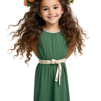 3d Model A Young Girl With Long Curly Brown Hair Adorned With A Floral Crown She Has Large Expressive Brown Eyes And A Cheerful Smile She Is Wearing A Long Green Dress With A White Belt And Floral Patterns Along The 64 Dc35
