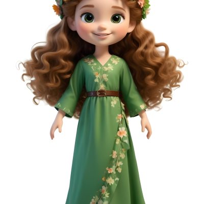 3d Model A Young Girl With Long Curly Brown Hair Adorned With A Floral Crown She Has Large Expressive Brown Eyes And A Cheerful Smile She Is Wearing A Long Green Dress With A White Belt And Floral Patterns Along The 70 369c