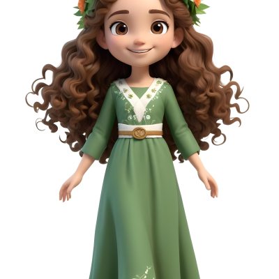 3d Model A Young Girl With Long Curly Brown Hair Adorned With A Floral Crown She Has Large Expressive Brown Eyes And A Cheerful Smile She Is Wearing A Long Green Dress With A White Belt And Floral Patterns Along The 72 D1d6