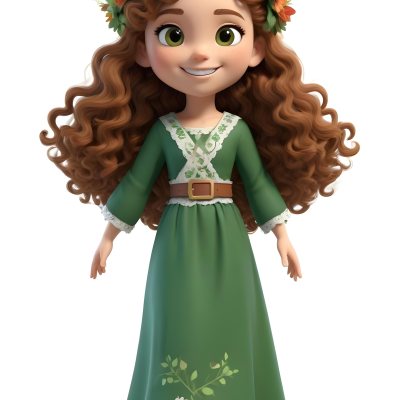 3d Model A Young Girl With Long Curly Brown Hair Adorned With A Floral Crown She Has Large Expressive Brown Eyes And A Cheerful Smile She Is Wearing A Long Green Dress With A White Belt And Floral Patterns Along The 75 Dce4
