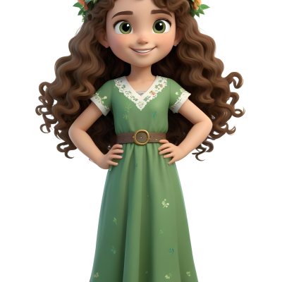 3d Model A Young Girl With Long Curly Brown Hair Adorned With A Floral Crown She Has Large Expressive Brown Eyes And A Cheerful Smile She Is Wearing A Long Green Dress With A White Belt And Floral Patterns Along The 76 32a7