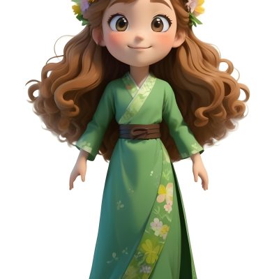 3d Model A Young Girl With Long Curly Brown Hair Adorned With A Floral Crown She Has Large Expressive Brown Eyes And A Cheerful Smile She Is Wearing A Long Green Dress With A White Belt And Floral Patterns Along The 8 4131