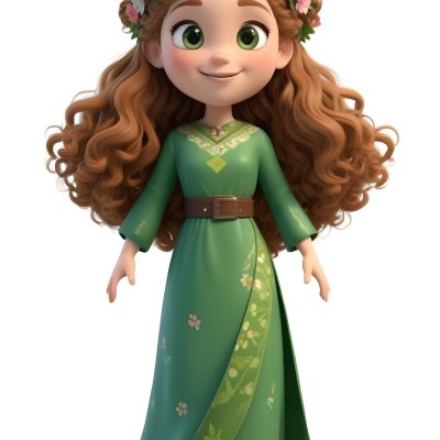 3d Model A Young Girl With Long Curly Brown Hair Adorned With A Floral Crown She Has Large Expressive Brown Eyes And A Cheerful Smile She Is Wearing A Long Green Dress With A White Belt And Floral Patterns Along The 84 59d8