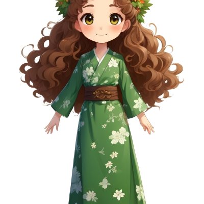 3d Model A Young Girl With Long Curly Brown Hair Adorned With A Floral Crown She Has Large Expressive Brown Eyes And A Cheerful Smile She Is Wearing A Long Green Dress With A White Belt And Floral Patterns Along The 9 6032