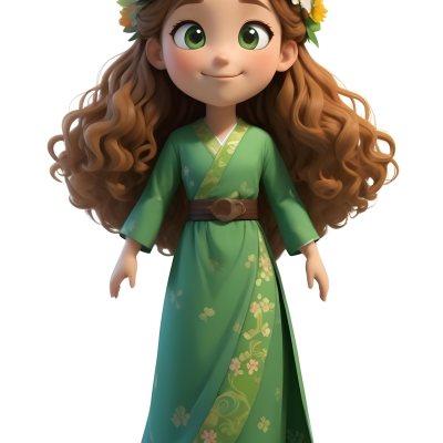 3d Model A Young Girl With Long Curly Brown Hair Adorned With A Floral Crown She Has Large Expressive Brown Eyes And A Cheerful Smile She Is Wearing A Long Green Dress With A White Belt And Floral Patterns Along The H 1 41db