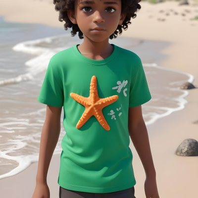 A Black Boy With Black Eyes Curly Hair 10 Years Old Wearing A Black T Shirt With A Starfish On A Beach With Green Rocks 10 0e52