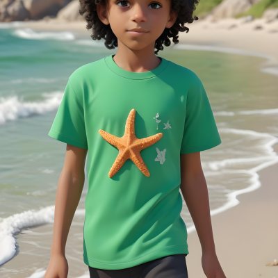 A Black Boy With Black Eyes Curly Hair 10 Years Old Wearing A Black T Shirt With A Starfish On A Beach With Green Rocks 14 E06b