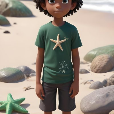 A Black Boy With Black Eyes Curly Hair 10 Years Old Wearing A Black T Shirt With A Starfish On A Beach With Green Rocks 28 7803