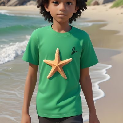 A Black Boy With Black Eyes Curly Hair 10 Years Old Wearing A Black T Shirt With A Starfish On A Beach With Green Rocks 3 F7e4