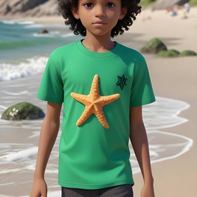 A Black Boy With Black Eyes Curly Hair 10 Years Old Wearing A Black T Shirt With A Starfish On A Beach With Green Rocks 31 8290