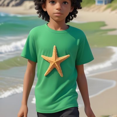 A Black Boy With Black Eyes Curly Hair 10 Years Old Wearing A Black T Shirt With A Starfish On A Beach With Green Rocks 36 D20e
