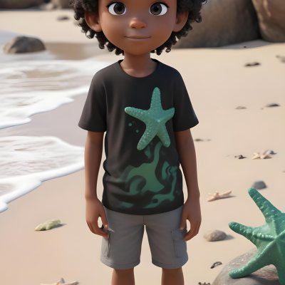 A Black Boy With Black Eyes Curly Hair 10 Years Old Wearing A Black T Shirt With A Starfish On A Beach With Green Rocks 39 Ba1c