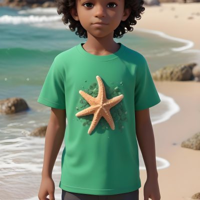 A Black Boy With Black Eyes Curly Hair 10 Years Old Wearing A Black T Shirt With A Starfish On A Beach With Green Rocks 40 E6e5
