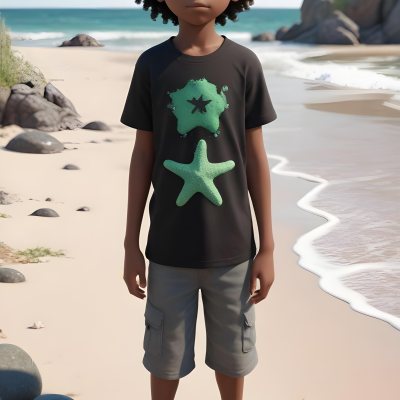 A Black Boy With Black Eyes Curly Hair 10 Years Old Wearing A Black T Shirt With A Starfish On A Beach With Green Rocks 41 8df0