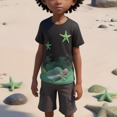 A Black Boy With Black Eyes Curly Hair 10 Years Old Wearing A Black T Shirt With A Starfish On A Beach With Green Rocks 44 6ffe